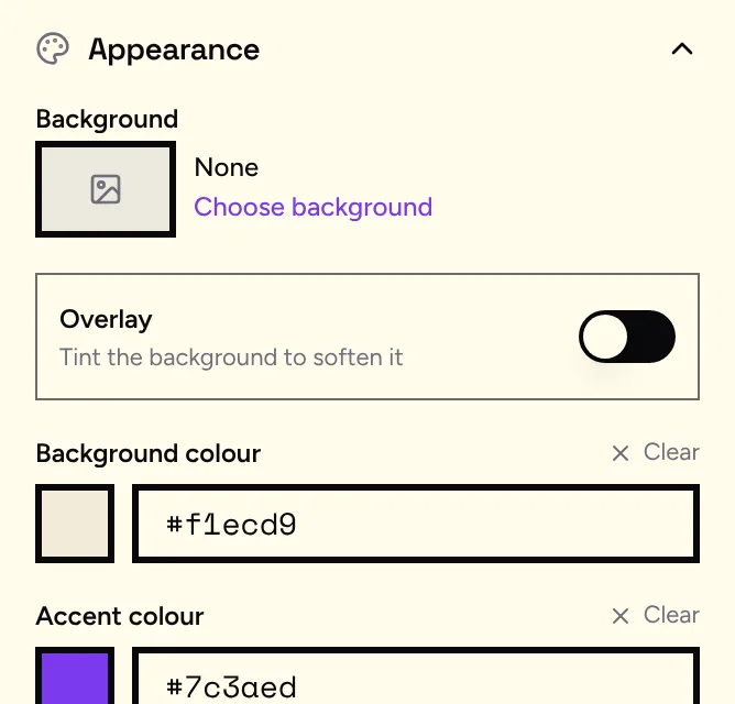 The appearance settings in the CynoFlip editor, with background and accent colour fields