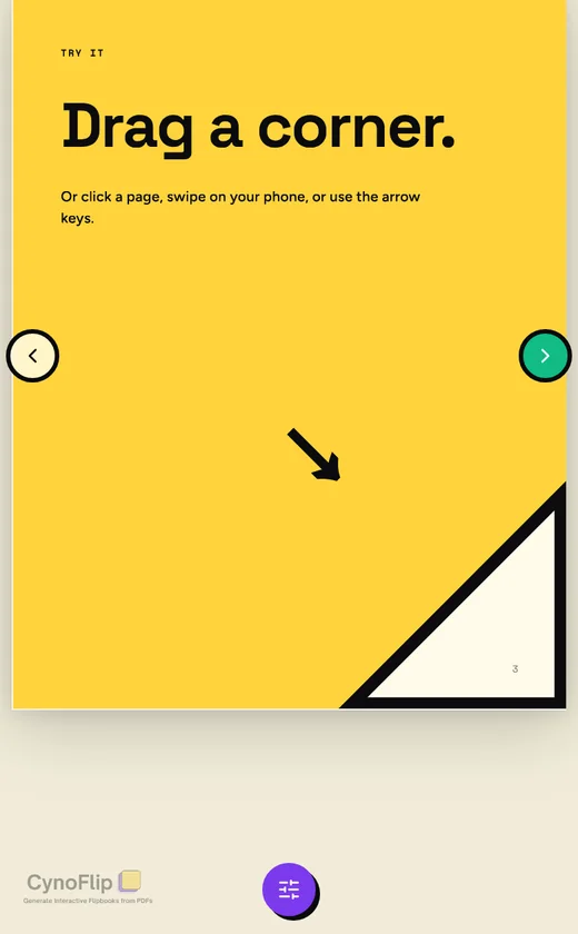 A CynoFlip flipbook open on a phone, showing a page that says Drag a corner